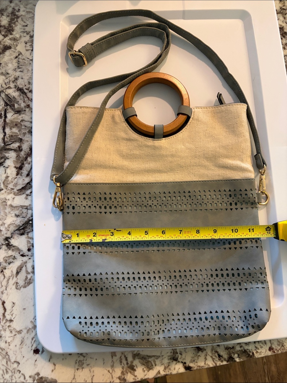 Vintage Beige and Olive Tote with Wooden Ring Handles
